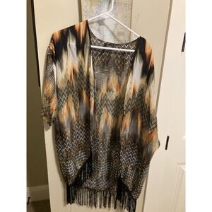 New Directions Kimono Duster Womens Fringe Open Front Size Large Sheer Cover